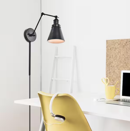 Hampton Bay 1-Light Black Plug-In/Hardwired Swing Arm Wall Lamp with 6 ft. Fabric Cord
