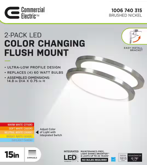 Commercial Electric 15 in. Brushed Nickel New Ultra-Low Profile Integrated LED Flush Mount 5CCT (2-Pack)