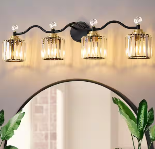 Deyidn Modern Luxury 34.8 in. 4-Light Black and Gold Vanity Light with Crystal Shade for Bathroom