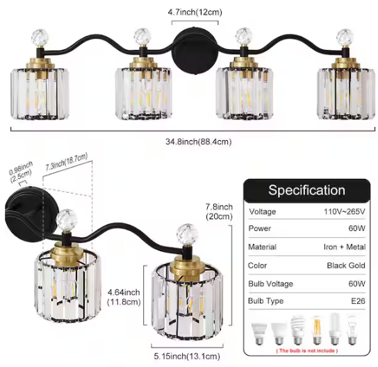 Deyidn Modern Luxury 34.8 in. 4-Light Black and Gold Vanity Light with Crystal Shade for Bathroom