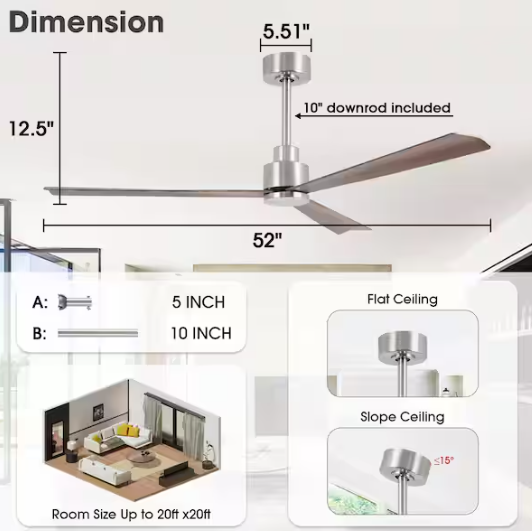 matrix decor 52 in. Indoor Modern Brushed Nickel Ceiling Fan with Remote Control and DC Reversible Motor