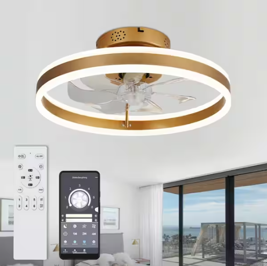 Oaks Aura 20 in. Integrated LED Indoor French Gold Modern Flush Mount Low Profile Ceiling Fan with Light, Smart App Remote Control