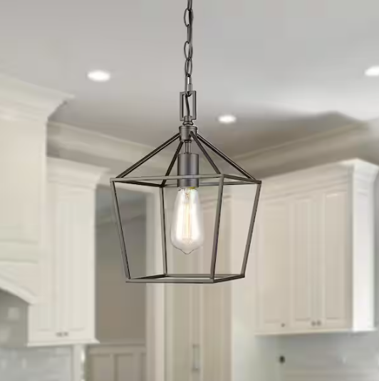 Home Decorators Collection Weyburn 1-Light Bronze Farmhouse Mini Pendant Light Fixture with Caged Metal Shade