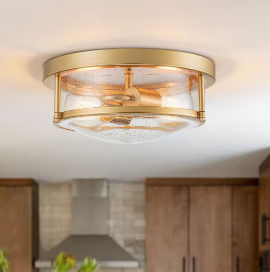 HUOKU Lumin 11.8 in. 2-Light Gold Flush Mount with Drum Seeded Glass Shade Dimmable Ceiling Light
