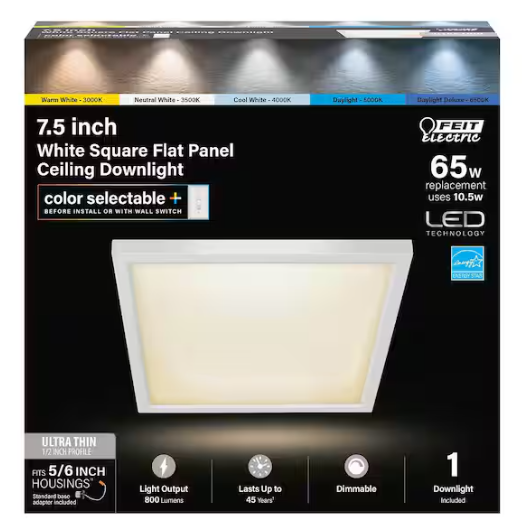 Feit Electric- 10.5-Watt Integrated LED Flush Mount 7.5 in. White Square Dimmable Flat Panel Ceiling with Color Change 5CCT