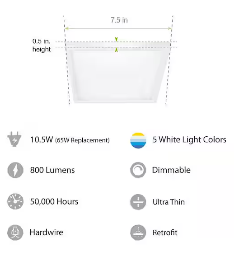 Feit Electric- 10.5-Watt Integrated LED Flush Mount 7.5 in. White Square Dimmable Flat Panel Ceiling with Color Change 5CCT