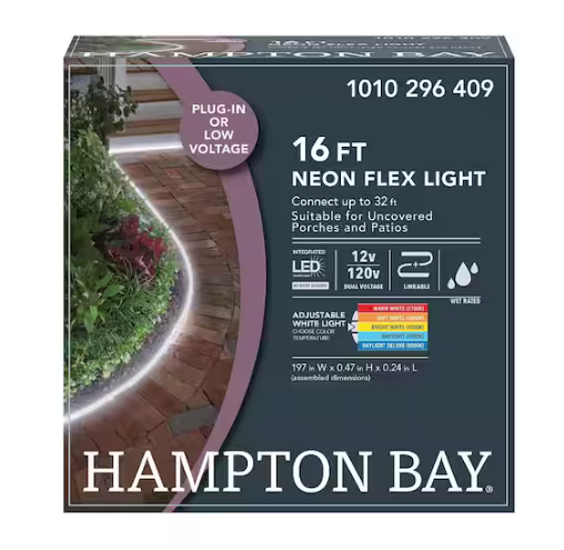 Hampton Bay- 1000 Lumen 16 ft. White Adjustable Light Color 120V Plug-in or 12V Neon Flex LED Weather Resistant Outdoor Rope Light