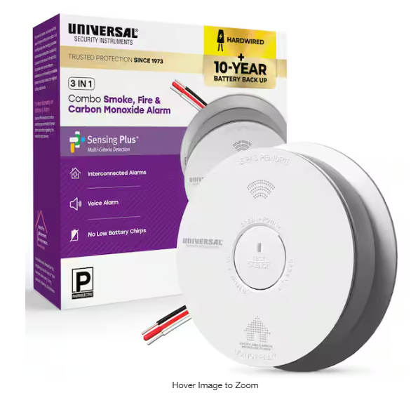 Universal Security Instruments- Hardwired and 10-Year Battery Combination Smoke and Carbon Monoxide Detector with Voice Alert and LED Warning Light