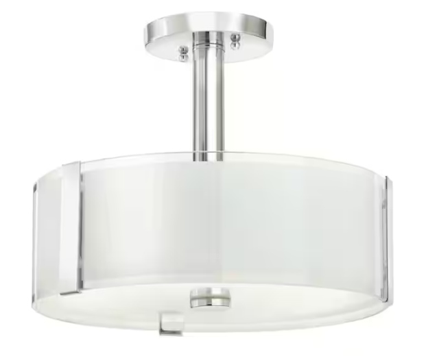 Hampton Bay- Bourland 14 in. 3-Light Polished Chrome Semi-Flush Mount Ceiling Light Fixture with White and Clear Glass Double Shade