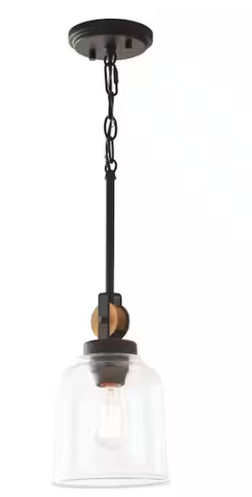 Home Decorators Collection- Knollwood 7 in. 1-Light Black Bronze Vintage Brass Accents Industrial Mini Pendant Light for Kitchen