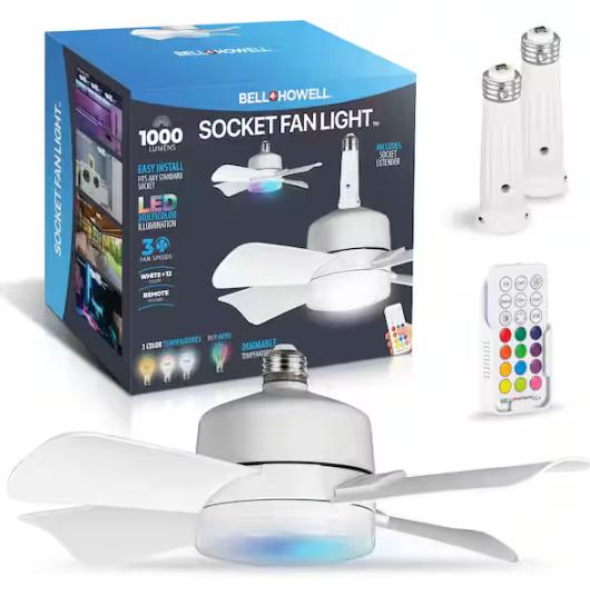 Bell + Howell- 15.7 in. Indoor White Ceiling Fan with Remote, RGB CCT LED Light, Socket
