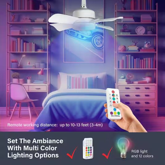 Bell + Howell- 15.7 in. Indoor White Ceiling Fan with Remote, RGB CCT LED Light, Socket
