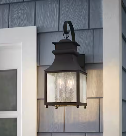 Home Decorators Collection- Rainbrook 18 in. 2-Light Matte Black Outdoor Wall Light Fixture Sconce with Seeded Glass