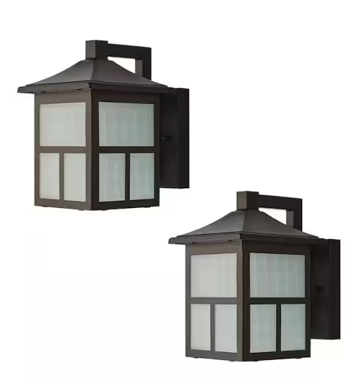 Hampton Bay- 8 in. Black Integrated LED Hardwired Outdoor Wall Light Lantern Sconce Fixture with Frosted Textured Glass (2-Pack)