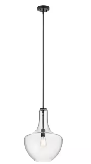 KICHLER Everly 19.75 in. 1-Light Black Transitional Shaded Kitchen Bell Pendant Hanging Light with Clear Glass