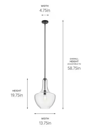 KICHLER Everly 19.75 in. 1-Light Black Transitional Shaded Kitchen Bell Pendant Hanging Light with Clear Glass