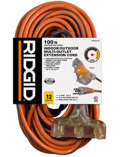 RIDGID 100 ft. 12/3 Heavy Duty Indoor/Outdoor Extension Cord with Tritap Lighted End, Orange/Grey