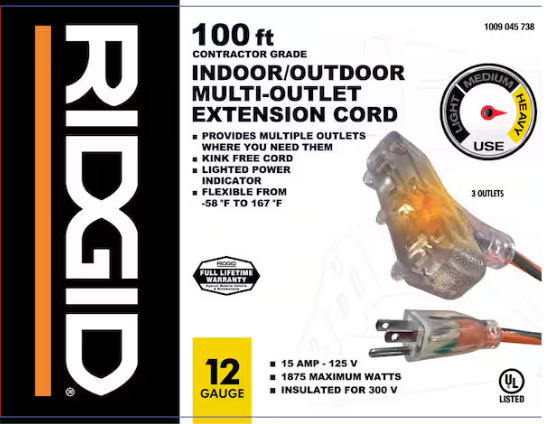 RIDGID 100 ft. 12/3 Heavy Duty Indoor/Outdoor Extension Cord with Tritap Lighted End, Orange/Grey