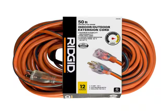 RIDGID 50 ft. 12/3 Heavy Duty Indoor/Outdoor Extension Cord with Lighted End, Orange/Grey