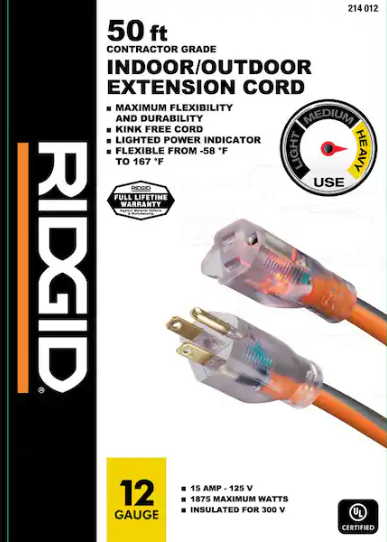 RIDGID 50 ft. 12/3 Heavy Duty Indoor/Outdoor Extension Cord with Lighted End, Orange/Grey