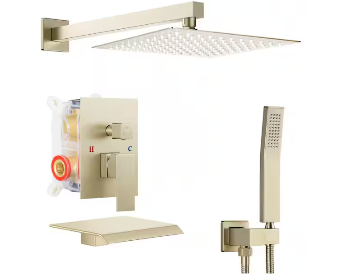 AKLFGN Double Handle 3-Spray Tub and Shower Faucet Shower Combo 10 in. Rain Shower Head 2.5 GPM in. Brushed Gold Valve Included