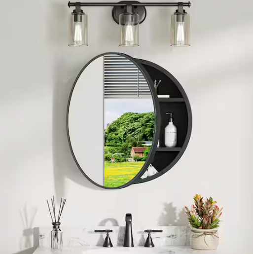 KeonJinn 24 in. W x24 in. H Round Black Metal Framed Surface Mount Medicine Cabinet with Mirror
