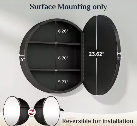 KeonJinn 24 in. W x24 in. H Round Black Metal Framed Surface Mount Medicine Cabinet with Mirror
