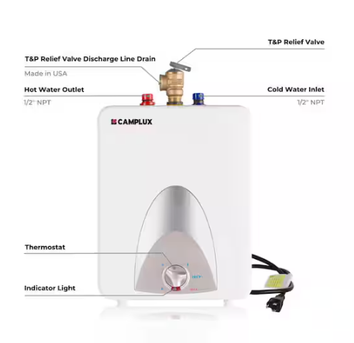 CAMPLUX 3 Gal. Compact Point of Use Mini Tank Electric Water Heater Element with 6-Years Warranty