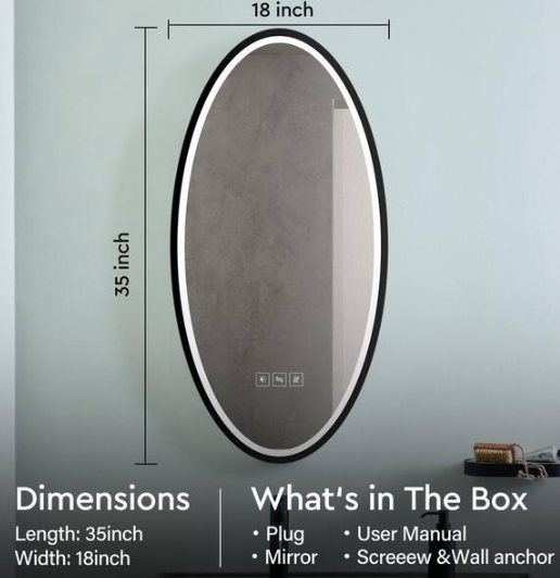 BWE 18 in. W x 35 in. H Large Oval Frameless Anti-Fog LED Light Dimmable Wall Bathroom Vanity Mirror in Silver