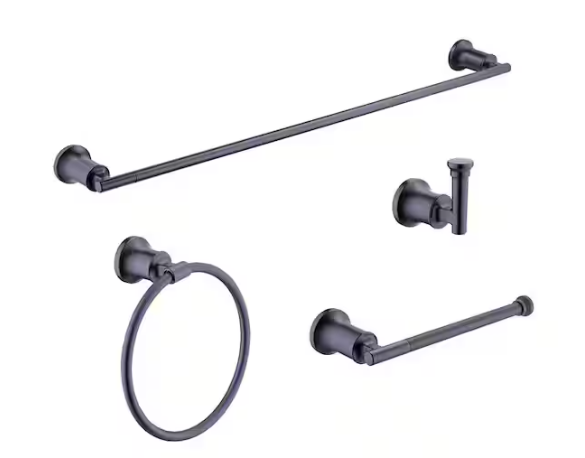 Glacier Bay Oswell 4-Piece Bath Hardware Set with 24 in. Towel Bar,TP Holder, Towel Ring and Robe Hook in Matte Black
