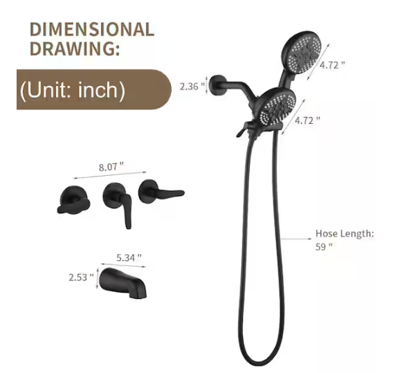 Triple Handle 3-Spray Tub and Shower Faucet, 2 in 1 Dual Head Shower 2.5 GPM in. Matte Black Valve Included