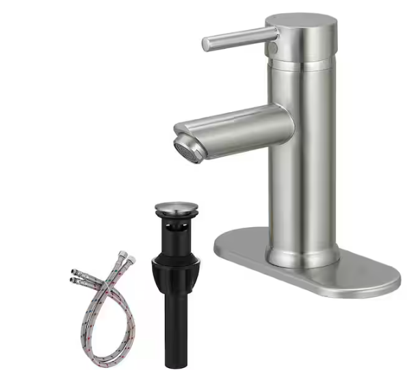 HOMEMYSTIQUE Simple Single-Handle Single-Hole Bathroom Brass Sink Faucet with Pop-Up Drain Assembly Kit Included in Brushed Nickel