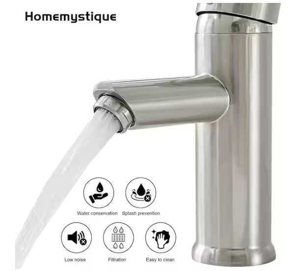 HOMEMYSTIQUE Simple Single-Handle Single-Hole Bathroom Brass Sink Faucet with Pop-Up Drain Assembly Kit Included in Brushed Nickel