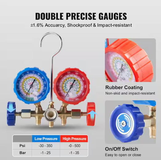 SKYSHALO 3-Way AC Manifold Gauge Set for R134A, R22, R12, R502, 5 ft. Hoses, Couplers, Can Tap for Car Freon Charging