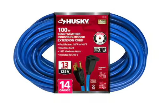 Husky 100 ft. 14/3 Medium Duty Cold Weather Indoor/Outdoor Extension Cord, Blue