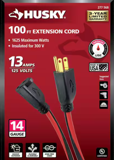 Husky 100 ft. 14/3 Medium Duty Indoor/Outdoor Extension Cord, Red/Black
