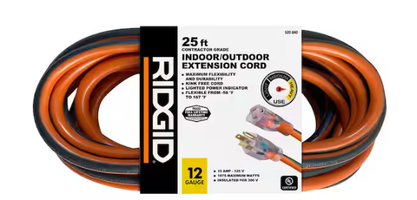 RIDGID 25 ft. 12/3 Heavy Duty Indoor/Outdoor Extension Cord with Lighted End, Orange/Grey