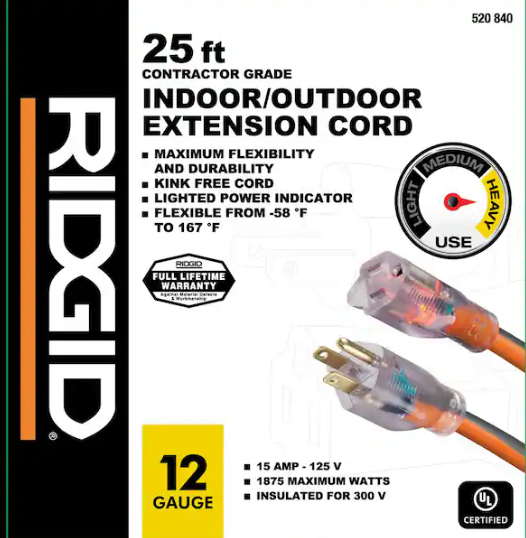 RIDGID 25 ft. 12/3 Heavy Duty Indoor/Outdoor Extension Cord with Lighted End, Orange/Grey