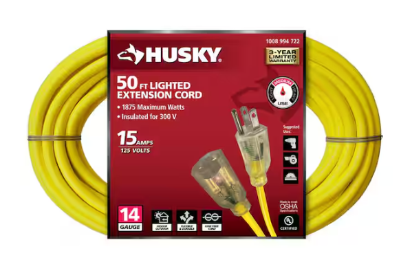 Husky 50 ft. 14/3 Medium Duty Indoor/Outdoor Extension Cord with Lighted End, Yellow