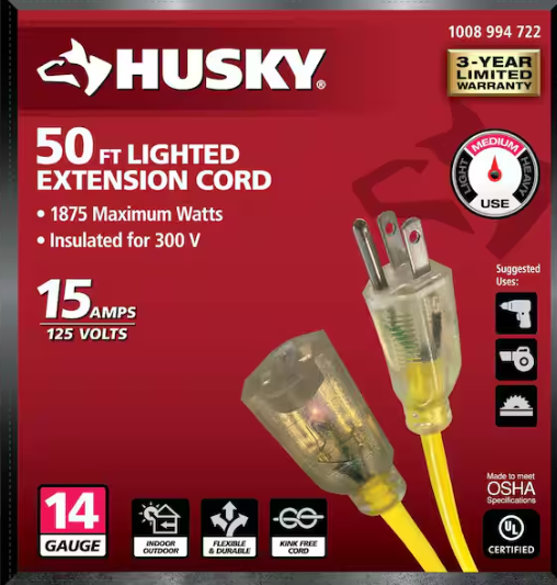 Husky 50 ft. 14/3 Medium Duty Indoor/Outdoor Extension Cord with Lighted End, Yellow