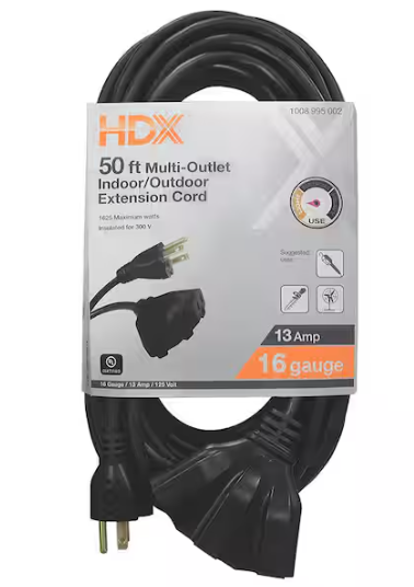 HDX 50 ft. 16/3 Light Duty Indoor/Outdoor Extension Cord with Multiple Outlet Triple Tap End, Black