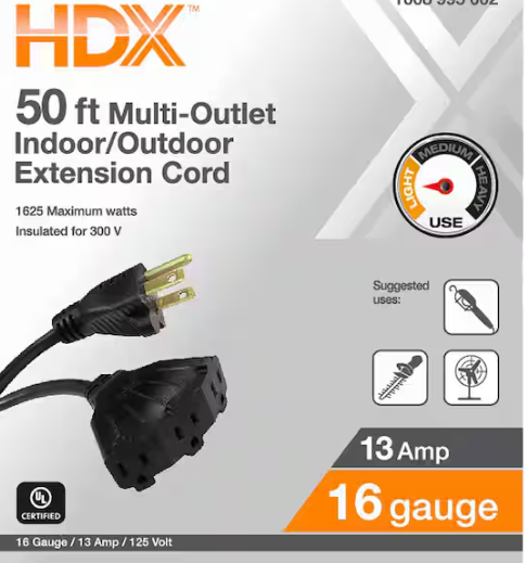 HDX 50 ft. 16/3 Light Duty Indoor/Outdoor Extension Cord with Multiple Outlet Triple Tap End, Black