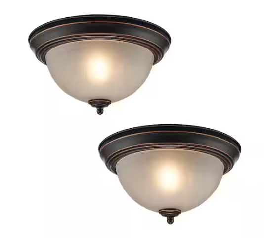 11.25 in. 1-Light Oil Rubbed Bronze Flush Mount Ceiling Light with Tea Stained Glass Shade (2-Pack)