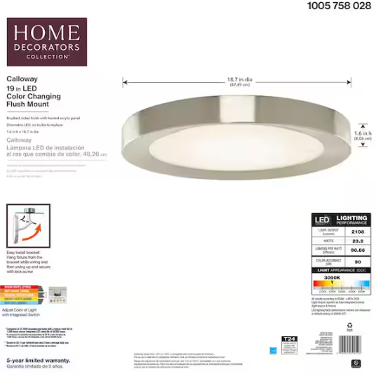 Home Decorators Collection Calloway 19 in. Brushed Nickel Selectable LED Flush Mount