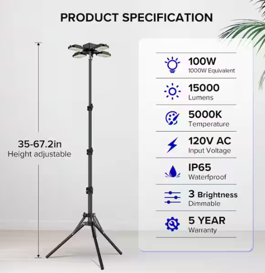 SANSI 120-Volt 15,000-Lumens LED Plug In 180° Adjustable 4 Head Tripod Work Light, 3 Brightness Modes, 5000K, IP65 Waterproof