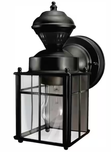 Hampton Bay Bayside 9.5 in. 1-Light Farmhouse Matte Black Motion Sensing Outdoor Wall Light Lantern Sconce with Clear Glass Shade