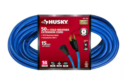 Husky 50 ft. 14/3 Medium Duty Cold Weather Indoor/Outdoor Extension Cord, Blue