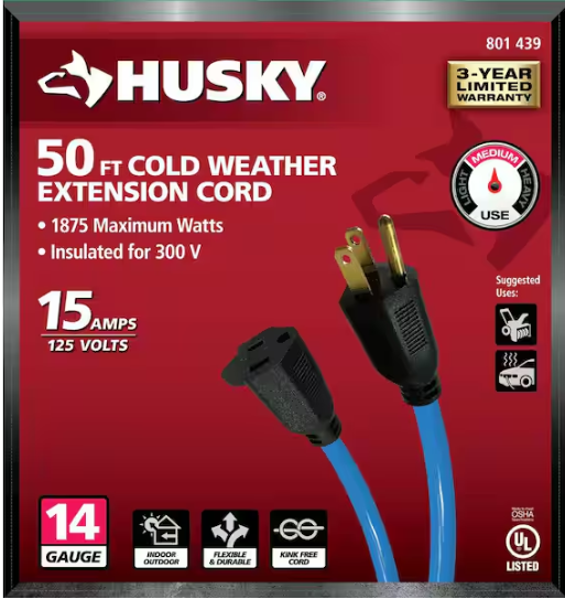 Husky 50 ft. 14/3 Medium Duty Cold Weather Indoor/Outdoor Extension Cord, Blue