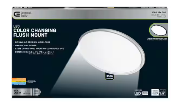 Commercial Electric 32 in. W Oval Black Plus Nickel Trim Ring Integrated LED 3500 Lumens Dim Flat Panel Flush Mount Light, Selectable 5CCT