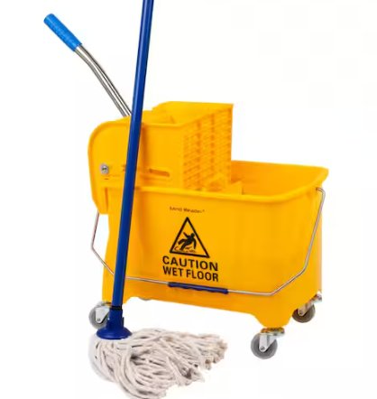 Mind Reader 5.5 Gal. Yellow Plastic Mop Bucket with Wringer Floor Cleaning, Handle, Wheels, 16.25 in. L x 10.75 in. W x 24.5 in. H